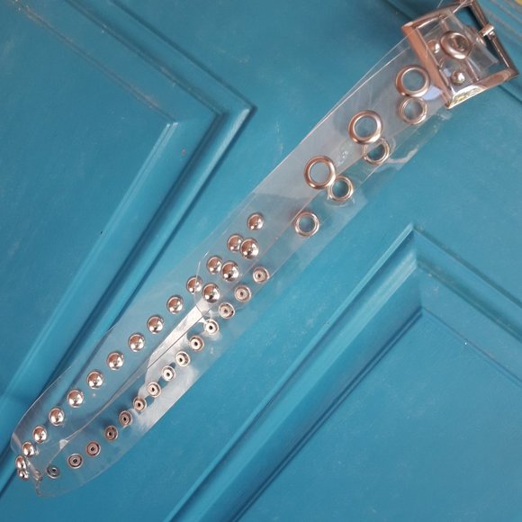 Metal Studded Clear Plastic Belt Silver Grommets Rivets Extra Long Neutral Tone - Picture 5 of 8